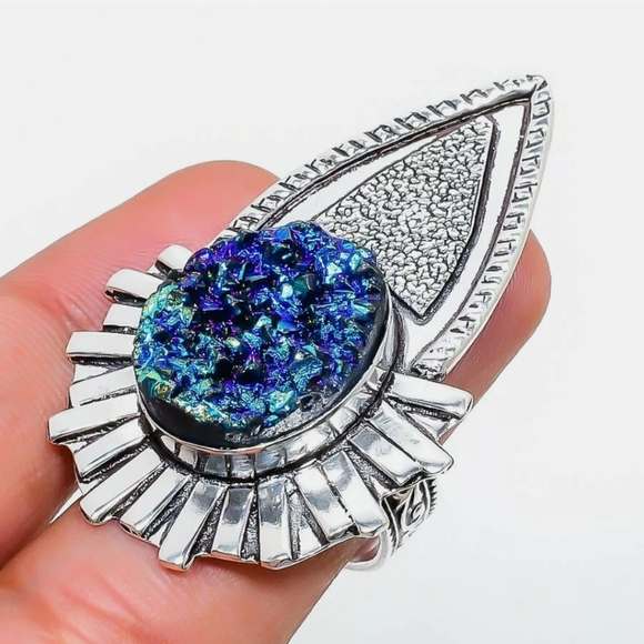 New Unique Oversized Blue Titanium Druzy 925 Silver Statement Ring. - Picture 16 of 16